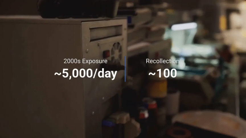 Slide reading '2000s Exposure ~5,000/day' on the left and 'Recollection ~100' on the right over a blurred workshop background