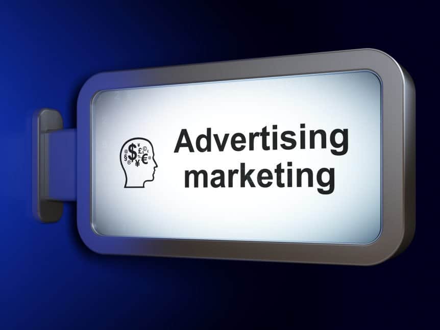 advertising-marketing-and-head-with-finance-symbol-on-billboard-background